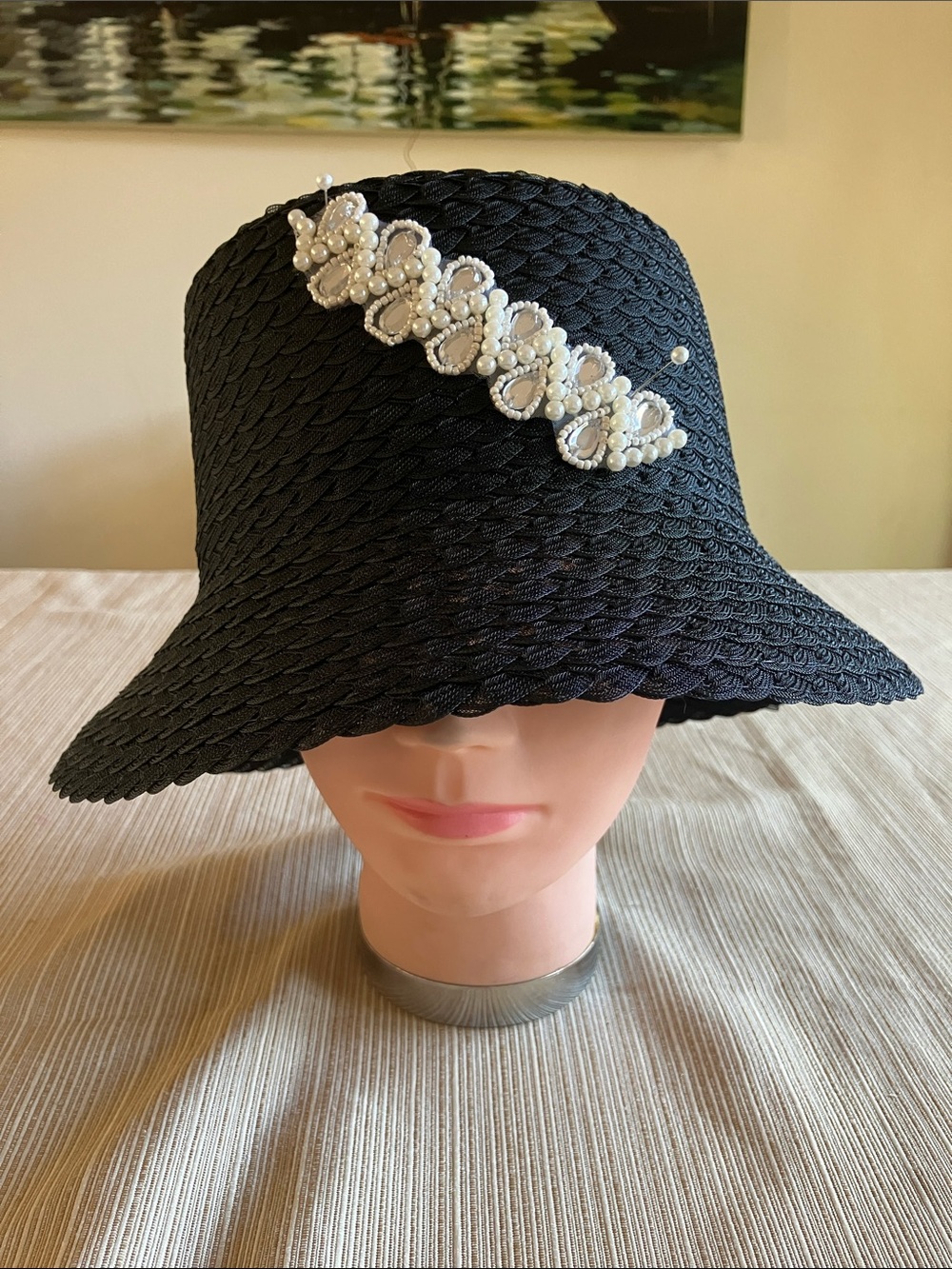 Black Pearl-Embellished Polyester Bucket Hat for Women